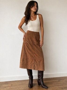 LIZ CLAIBORNE VTG 100% Suede Patchwork Boho Aline Midi  Skirt Chestnut Brown 14